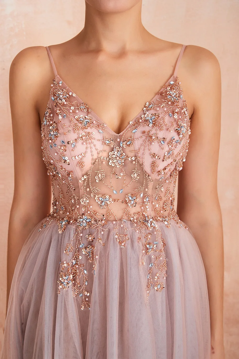 New Arrival V-Neck Rhinestones Beading Formal Prom Gowns with Slit robe de soiree