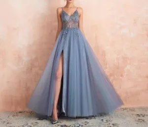 New Arrival V-Neck Rhinestones Beading Formal Prom Gowns with Slit robe de soiree