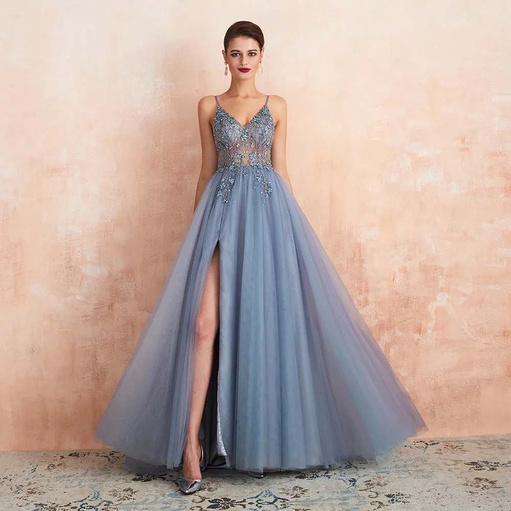 New Arrival V-Neck Rhinestones Beading Formal Prom Gowns with Slit robe de soiree