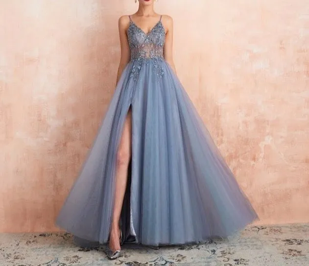 New Arrival V-Neck Rhinestones Beading Formal Prom Gowns with Slit robe de soiree