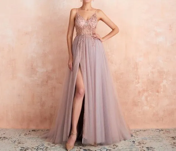 New Arrival V-Neck Rhinestones Beading Formal Prom Gowns with Slit robe de soiree