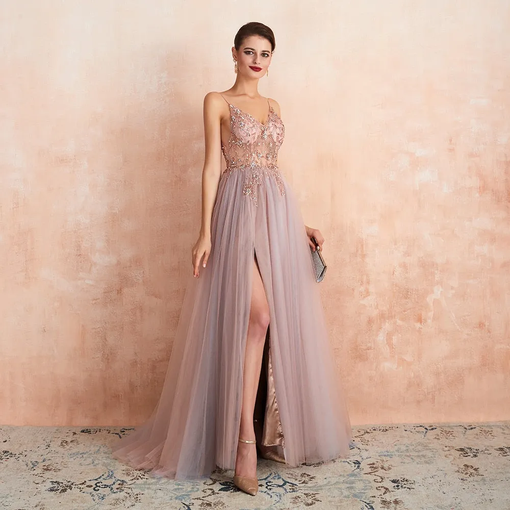 New Arrival V-Neck Rhinestones Beading Formal Prom Gowns with Slit robe de soiree