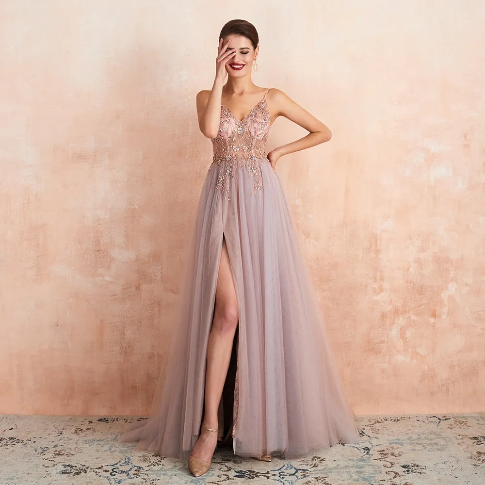 New Arrival V-Neck Rhinestones Beading Formal Prom Gowns with Slit robe de soiree