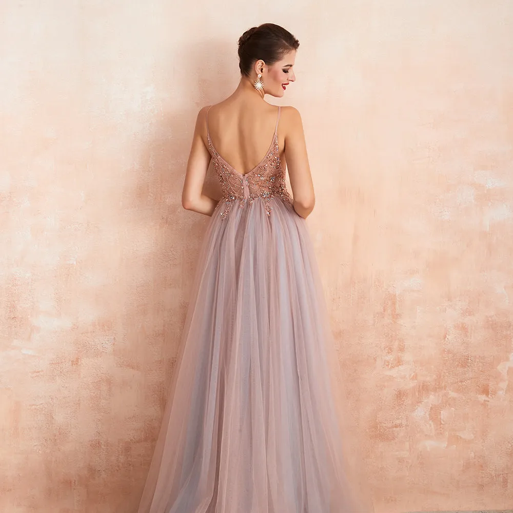 New Arrival V-Neck Rhinestones Beading Formal Prom Gowns with Slit robe de soiree