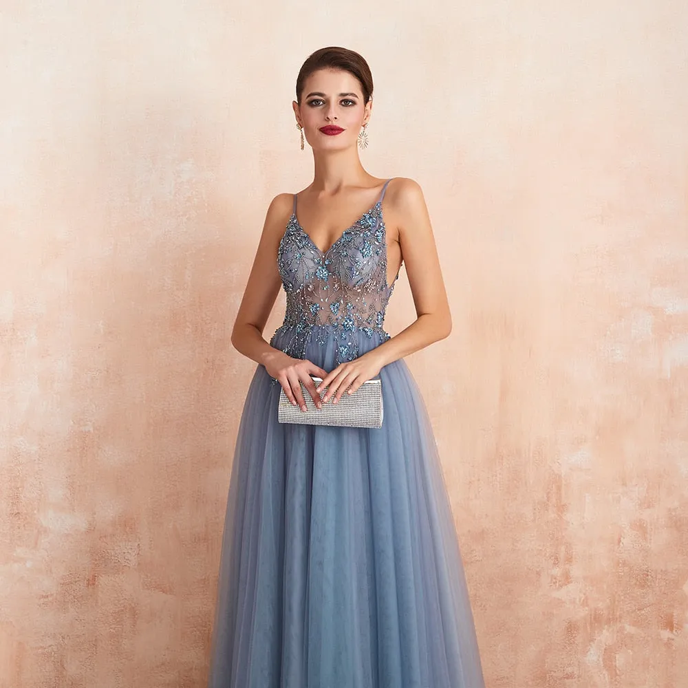 New Arrival V-Neck Rhinestones Beading Formal Prom Gowns with Slit robe de soiree