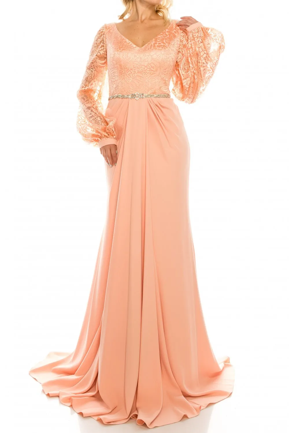 Odrella  7Y1090 Ivory Embroidered Mesh Jacquard & Crepe Evening Gown