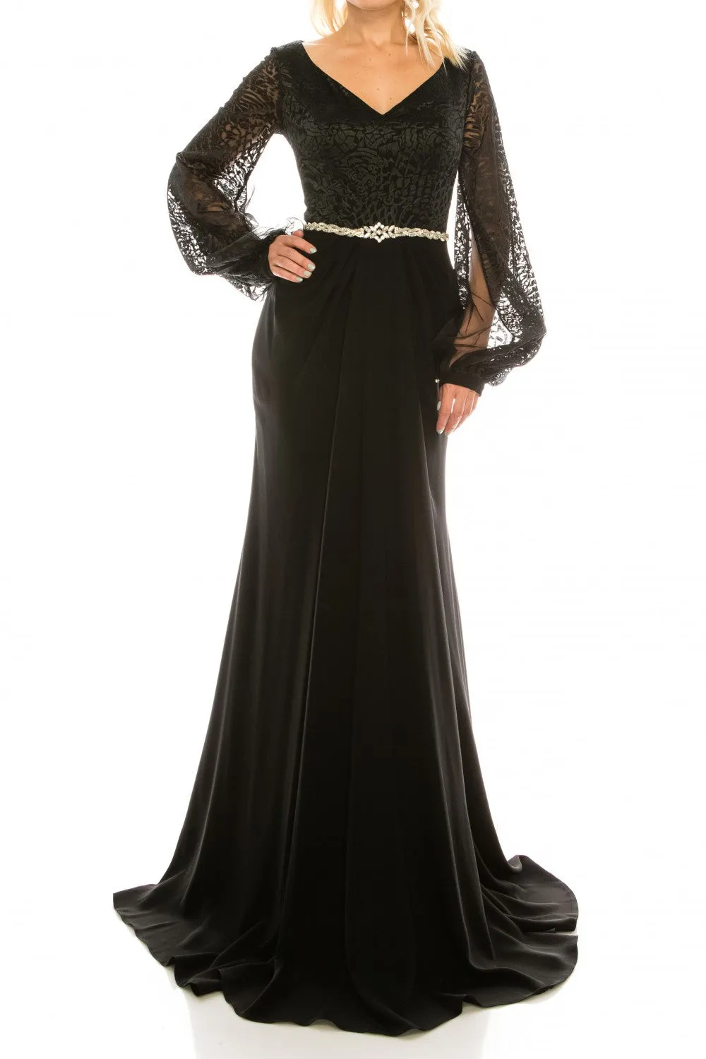 Odrella  7Y1090 Ivory Embroidered Mesh Jacquard & Crepe Evening Gown