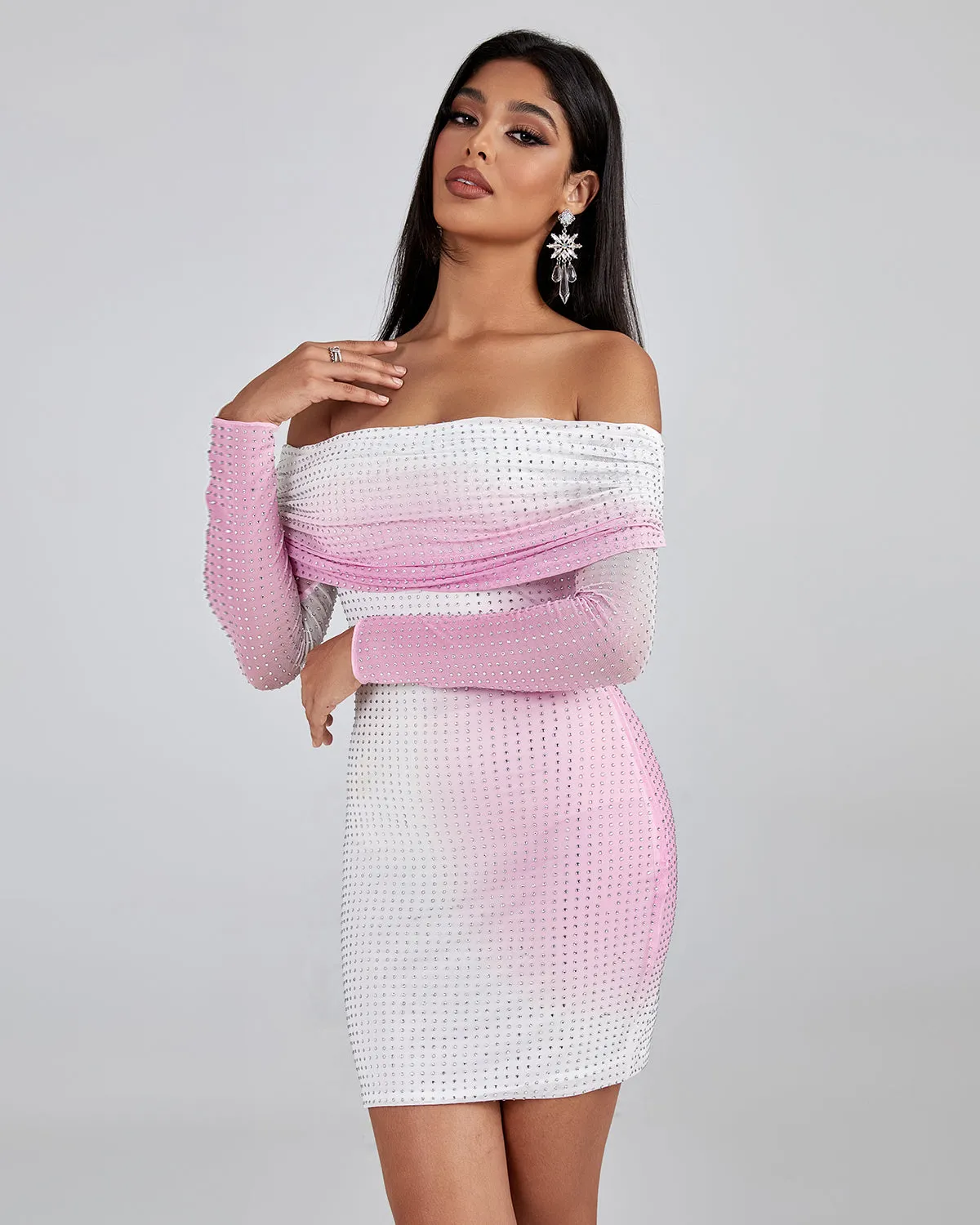 Off Shoulder Rhinestone Mini Dress