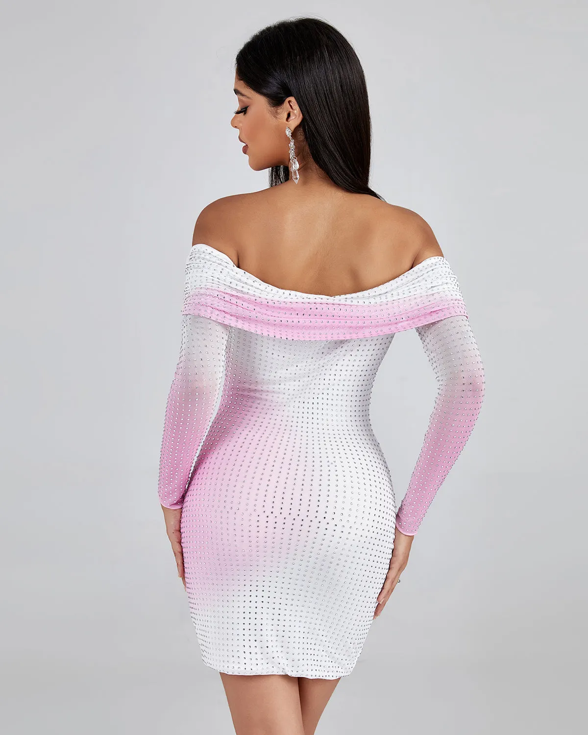 Off Shoulder Rhinestone Mini Dress