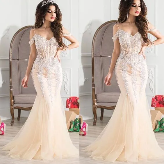 off the shoulder champagne evening dresses long beaded appliqué mermaid modest sexy formal dresses