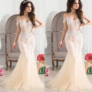 off the shoulder champagne evening dresses long beaded appliqué mermaid modest sexy formal dresses
