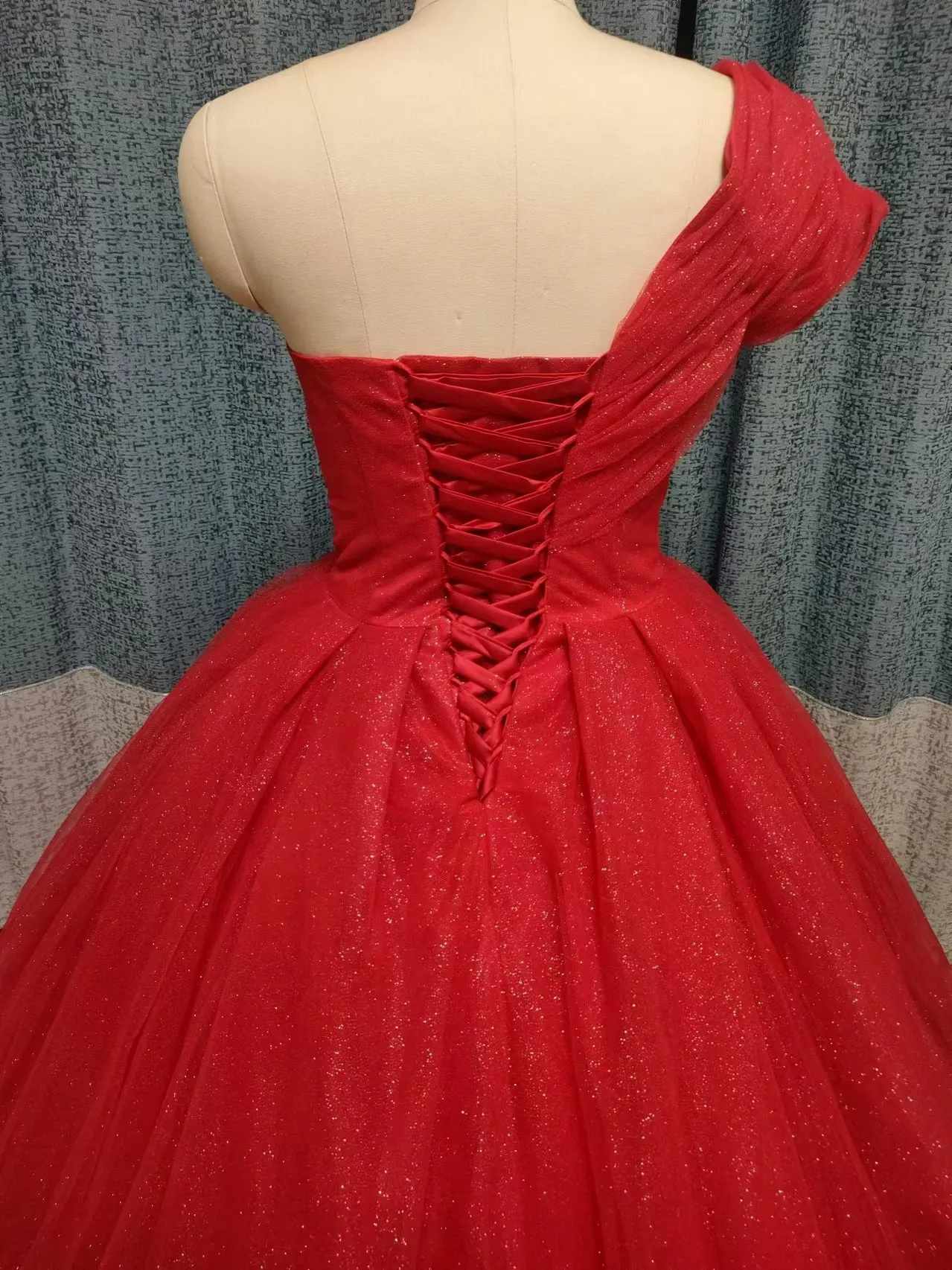 One-shoulder princess girl ball gown red evening prom dresses