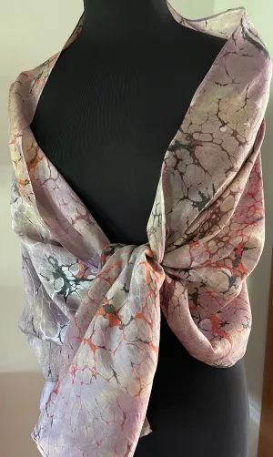 Orange Italian Vein  Shawl 72x22” Water marbled silk