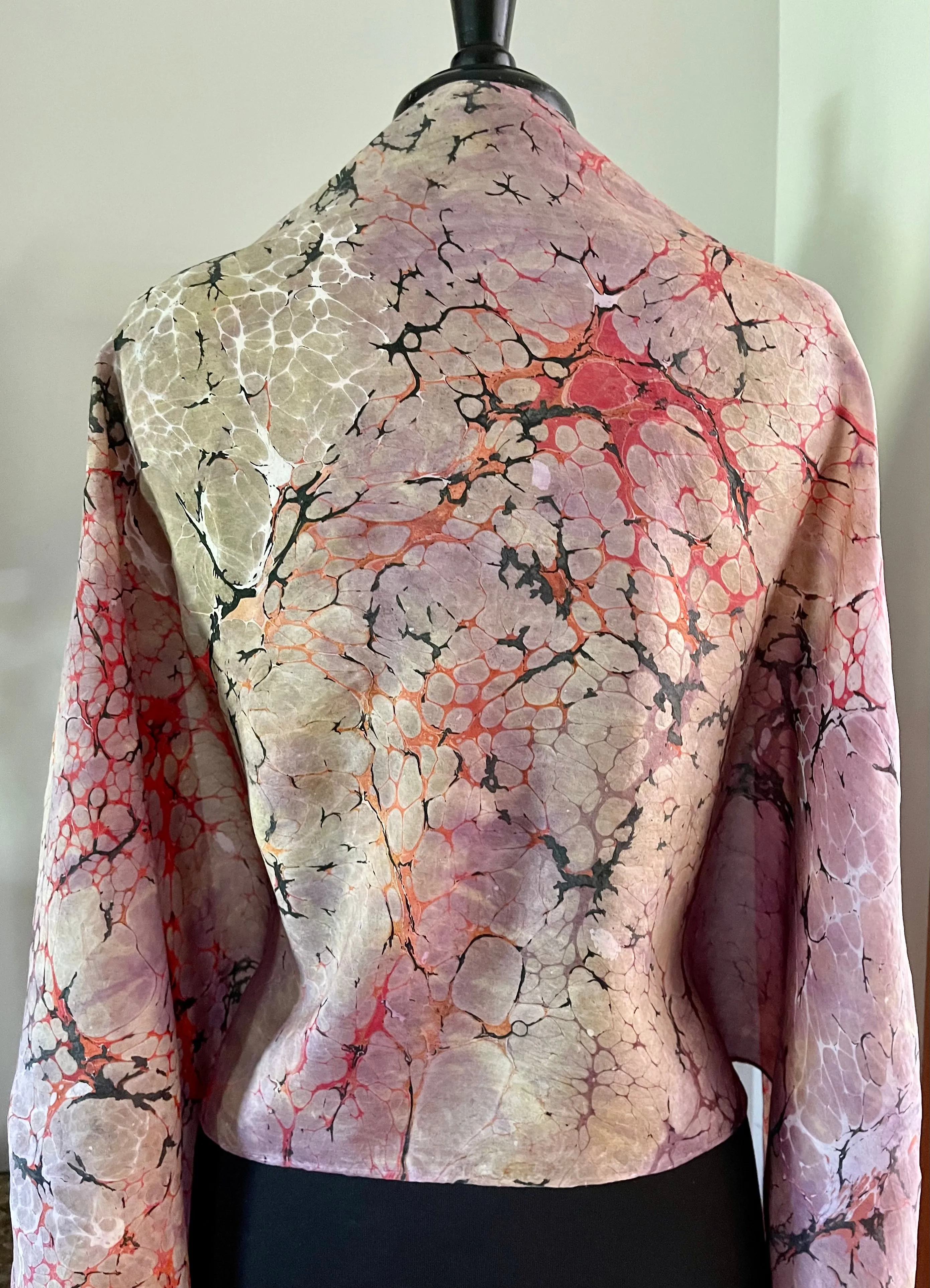 Orange Italian Vein  Shawl 72x22” Water marbled silk