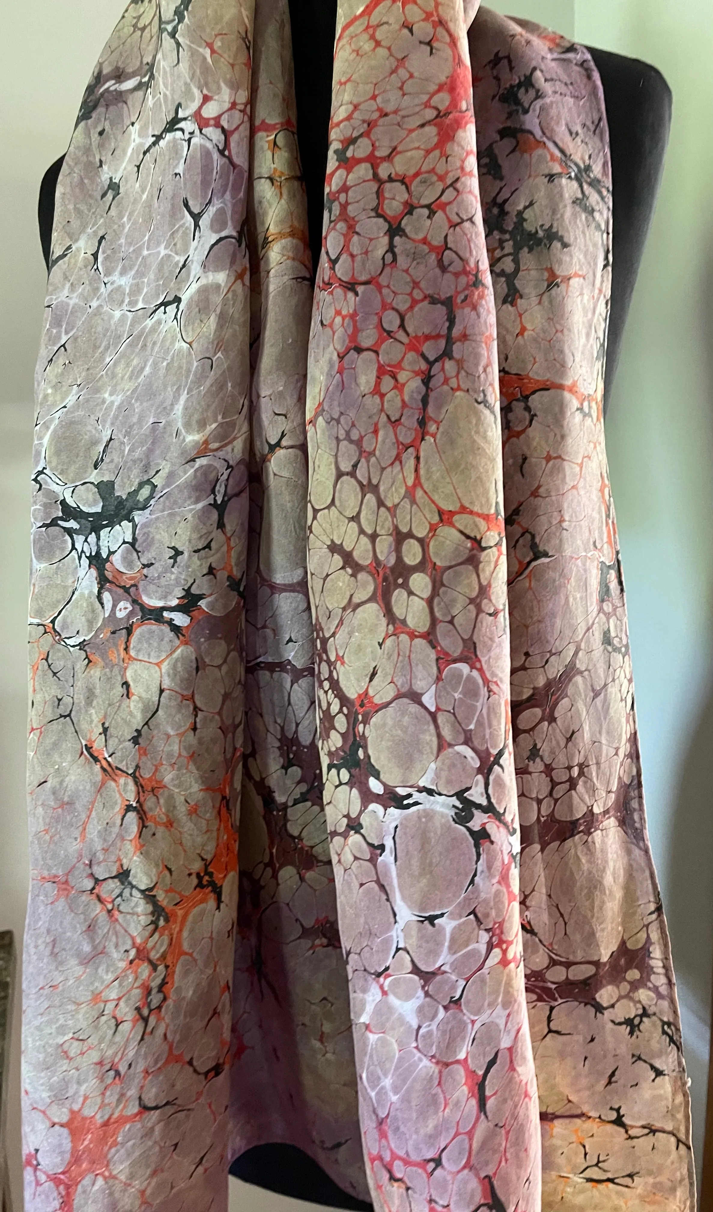 Orange Italian Vein  Shawl 72x22” Water marbled silk