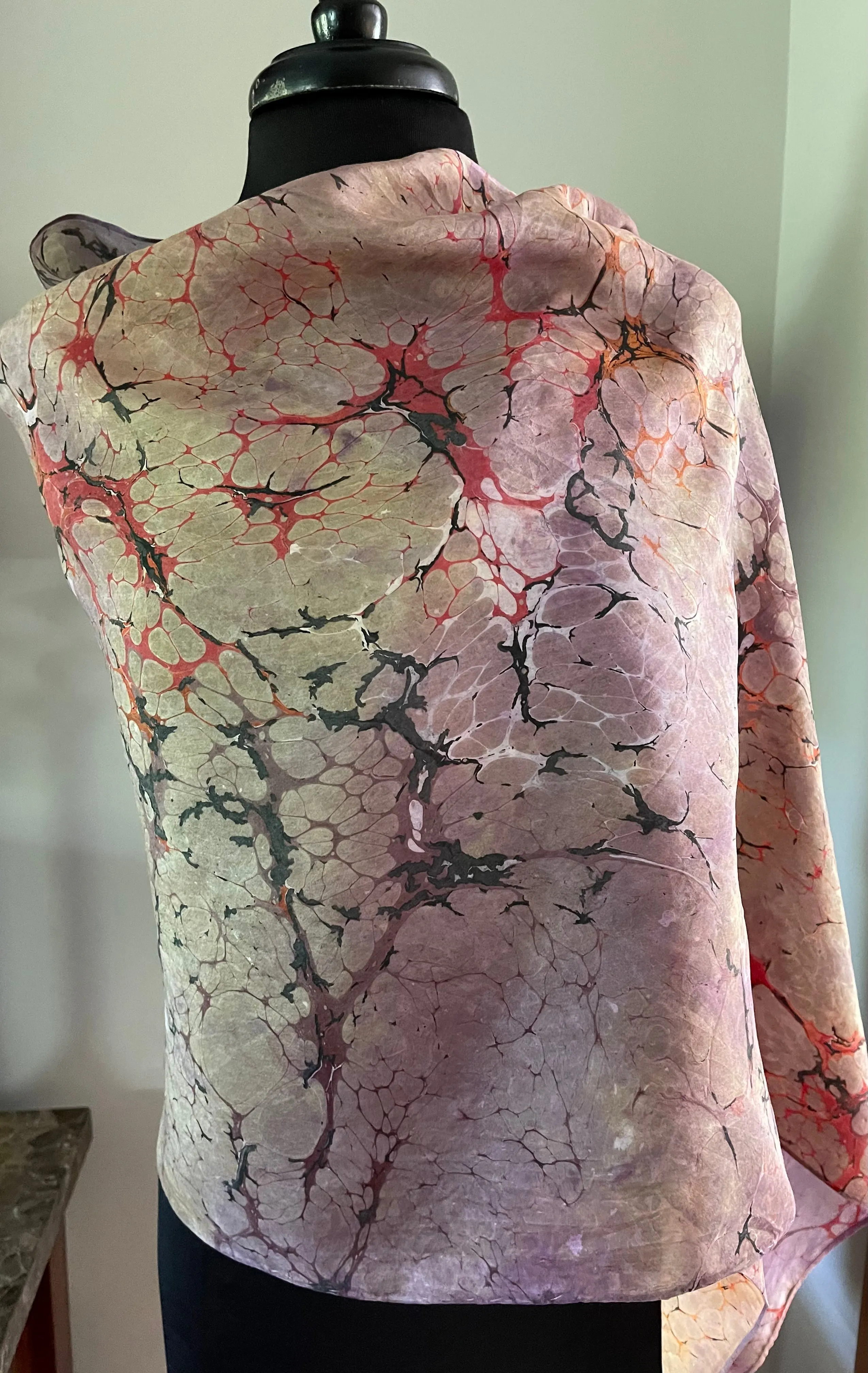 Orange Italian Vein  Shawl 72x22” Water marbled silk