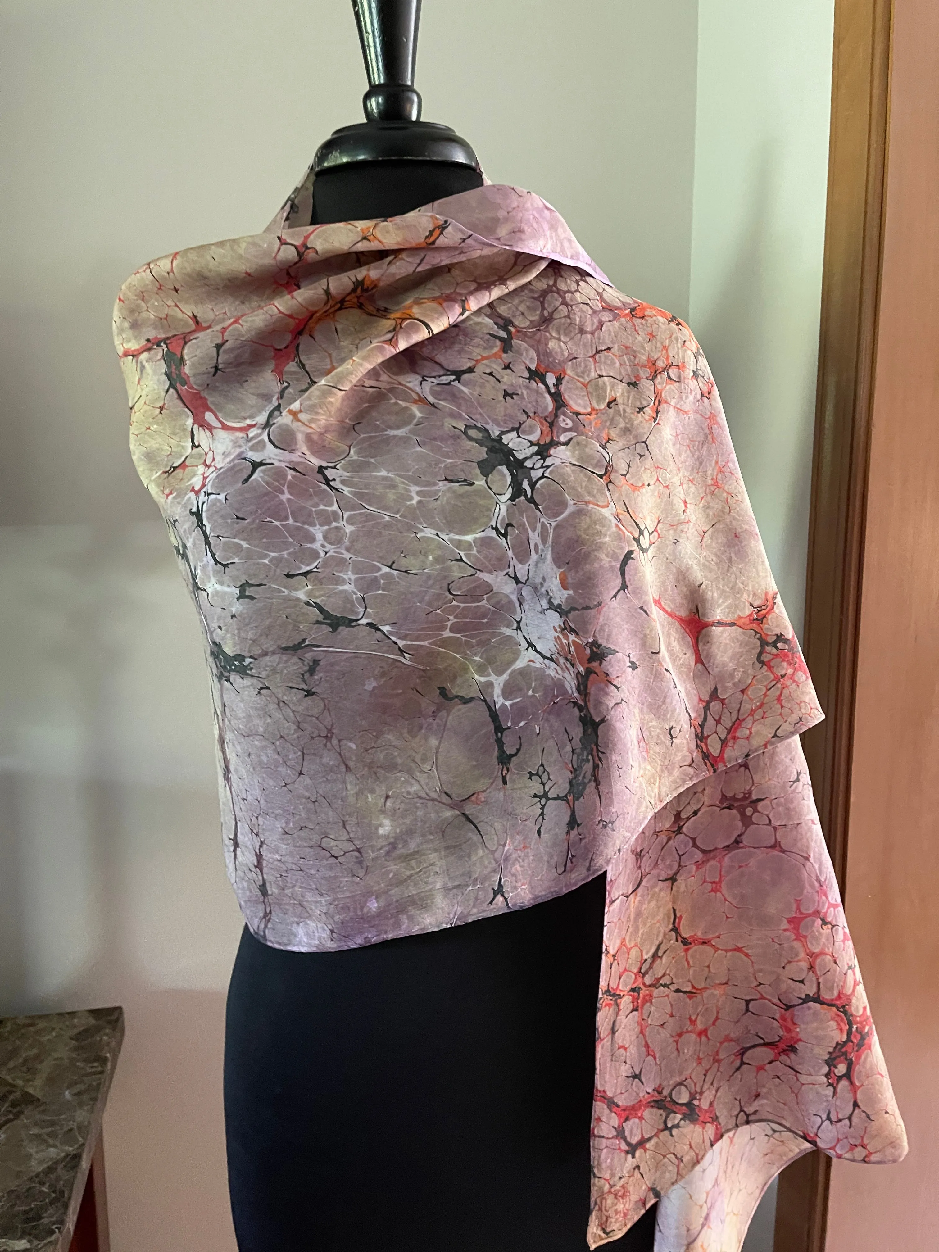 Orange Italian Vein  Shawl 72x22” Water marbled silk