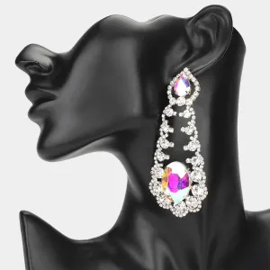 Oversized AB Oval and Teardrop Stone with Accented Rhinestone Trim on Gold | Evening Earrings | 650345