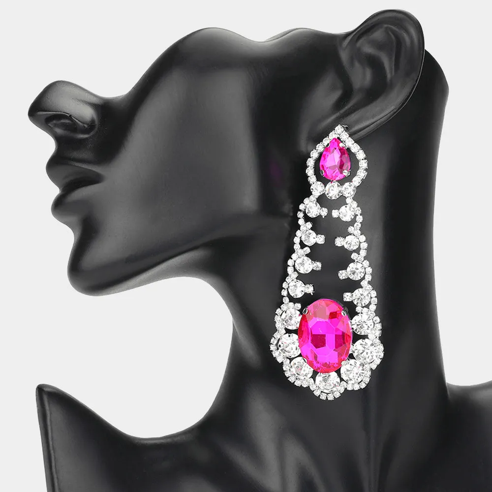 Oversized Fuchsia Oval and Teardrop Stone with Accented Rhinestone Trim | Evening Earrings | 650344