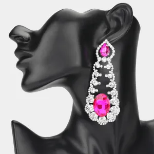 Oversized Fuchsia Oval and Teardrop Stone with Accented Rhinestone Trim | Evening Earrings | 650344