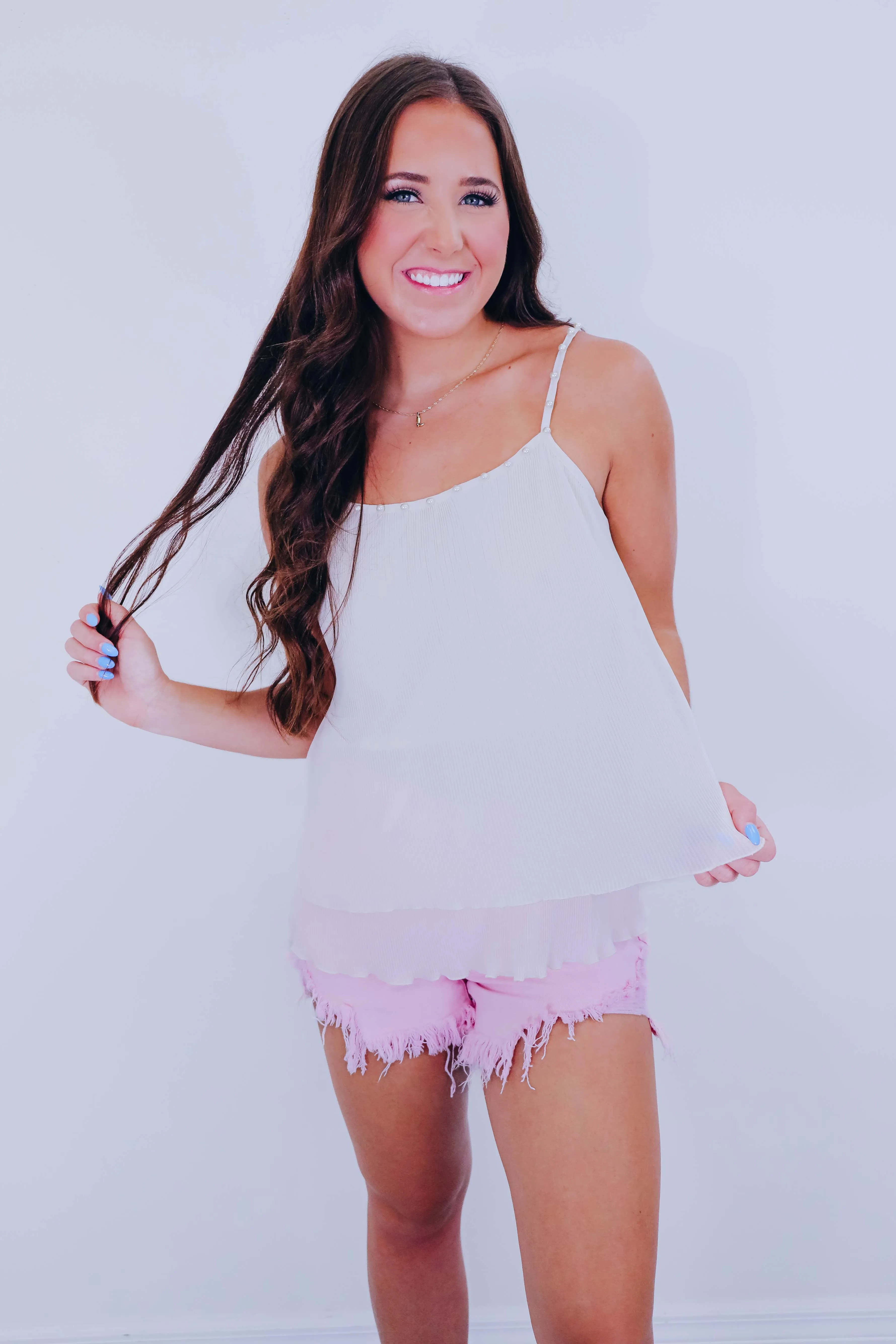 Pearl Plissé Embellished Cami Top - 2 Colors