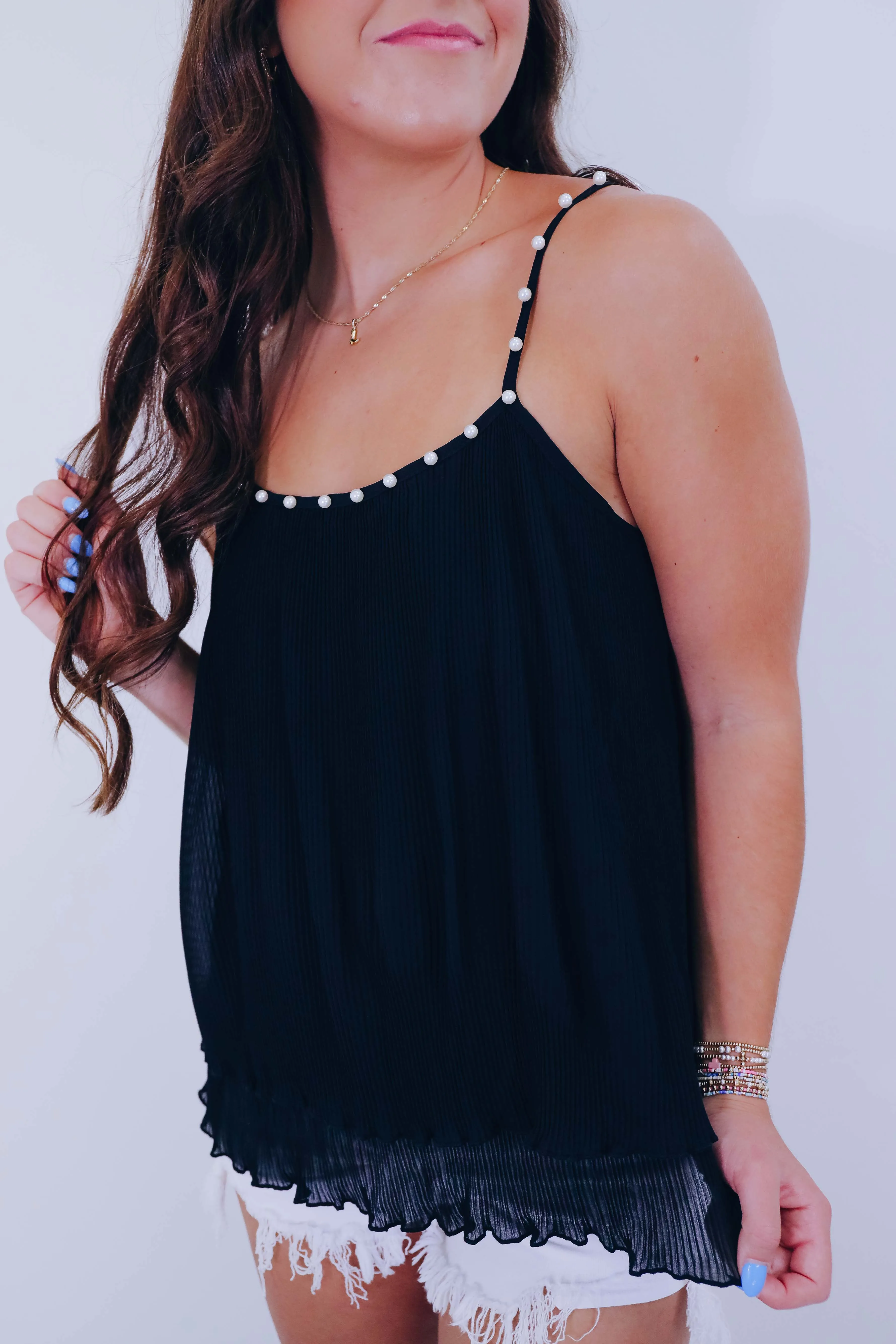 Pearl Plissé Embellished Cami Top - 2 Colors