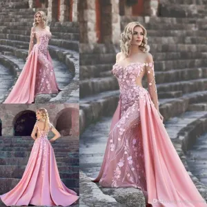 pink evening dresses long sleeve lace appliqué 3d flowers formal evening gown with detachable skirt