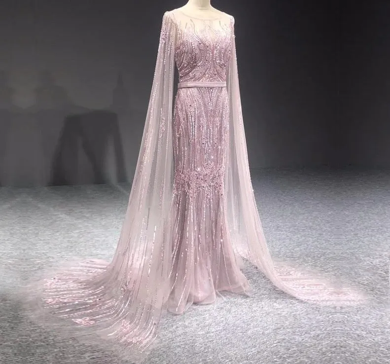 Pink Luxury Long Sleeves Evening Gown With Cape Mermaid Beadings Sexy Fromal Party Wear Gown
