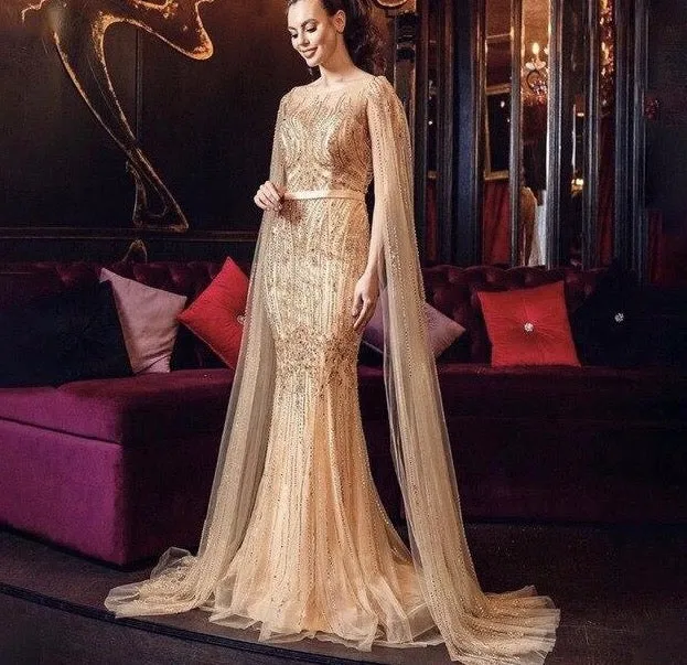 Pink Luxury Long Sleeves Evening Gown With Cape Mermaid Beadings Sexy Fromal Party Wear Gown