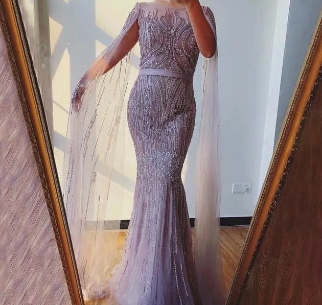 Pink Luxury Long Sleeves Evening Gown With Cape Mermaid Beadings Sexy Fromal Party Wear Gown
