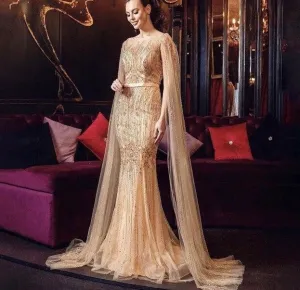 Pink Luxury Long Sleeves Evening Gown With Cape Mermaid Beadings Sexy Fromal Party Wear Gown