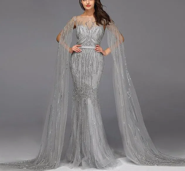 Pink Luxury Long Sleeves Evening Gown With Cape Mermaid Beadings Sexy Fromal Party Wear Gown