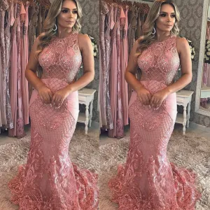 pink mermaid evening dresses long luxury sheer lace appliqué beaded sexy formal dress evening gown robe de soiree