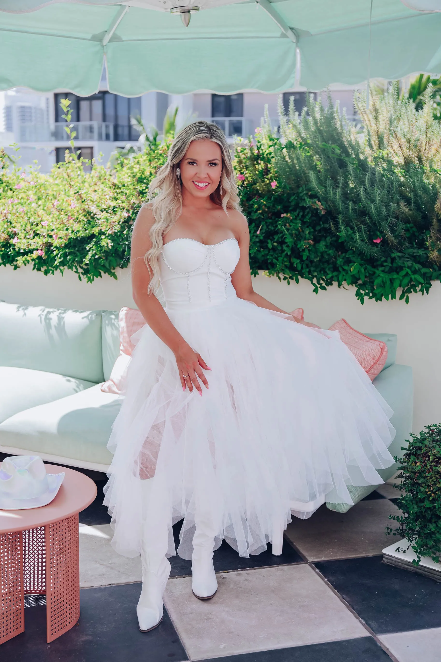 Prima Donna Rhinestone/Tulle Bodysuit Dress - White