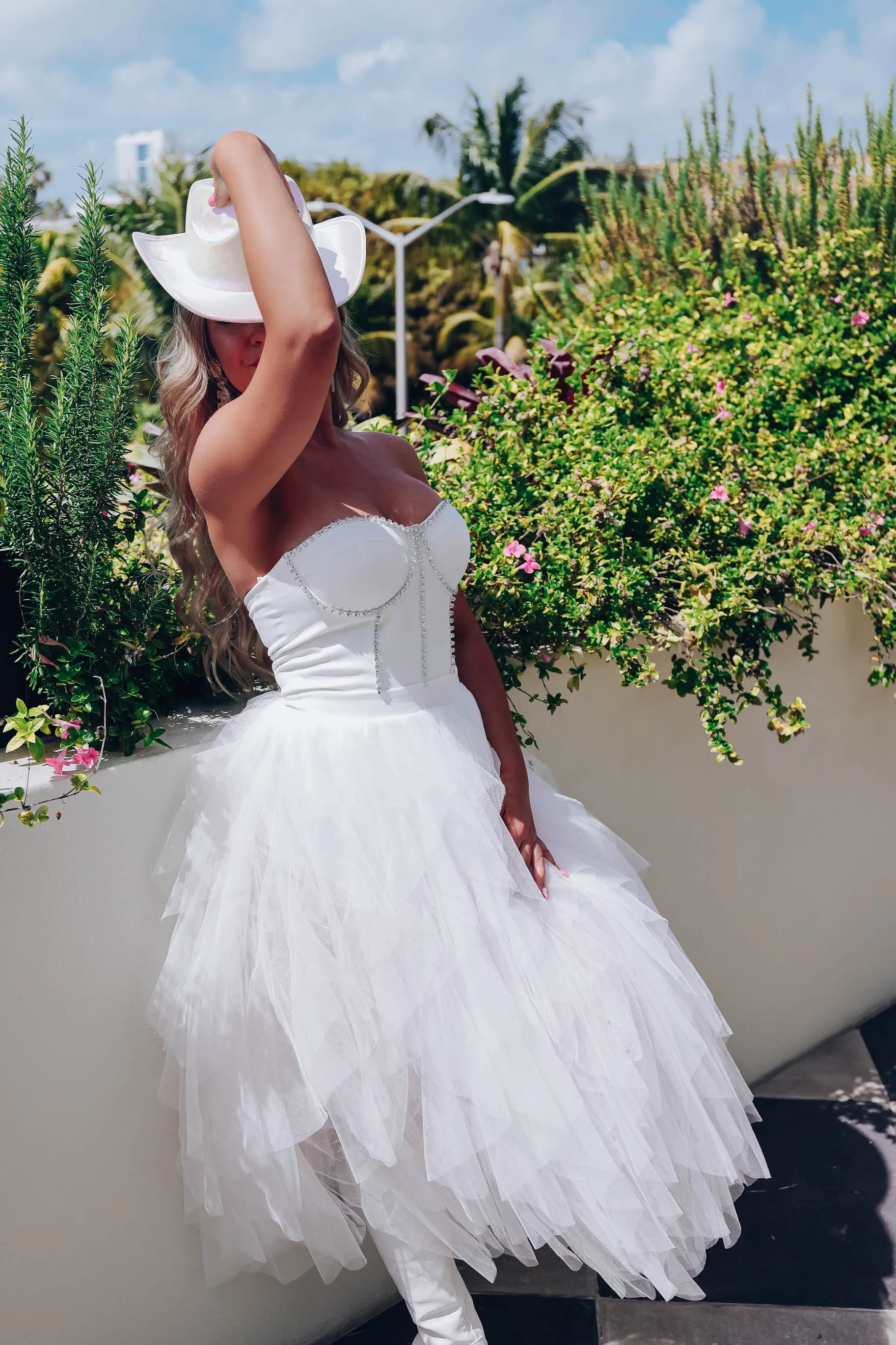 Prima Donna Rhinestone/Tulle Bodysuit Dress - White