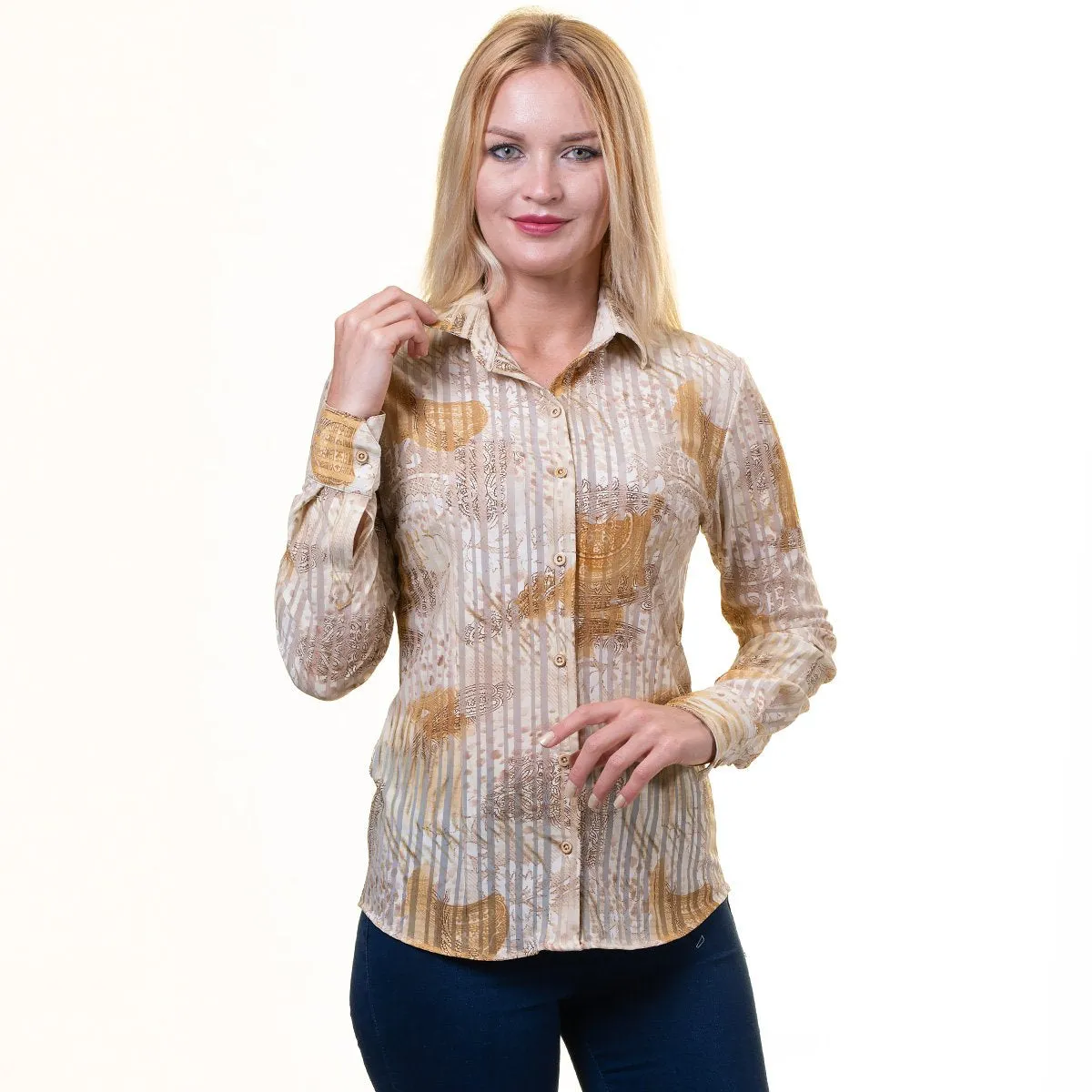 Printed Tan Button Up Shirts for Women - Floral Long Sleeve Cotton Shirts for Formal & Casual