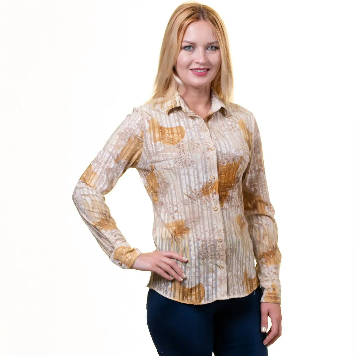 Printed Tan Button Up Shirts for Women - Floral Long Sleeve Cotton Shirts for Formal & Casual