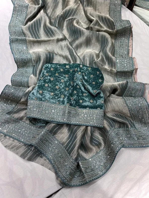 Pure Tissue Embroidery Saree with Velvet Blouse