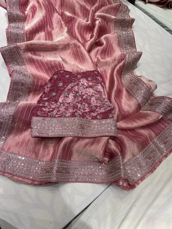 Pure Tissue Embroidery Saree with Velvet Blouse