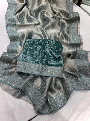 Pure Tissue Embroidery Saree with Velvet Blouse