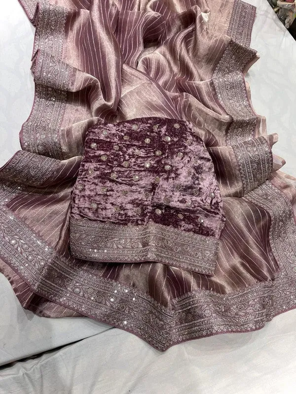 Pure Tissue Embroidery Saree with Velvet Blouse