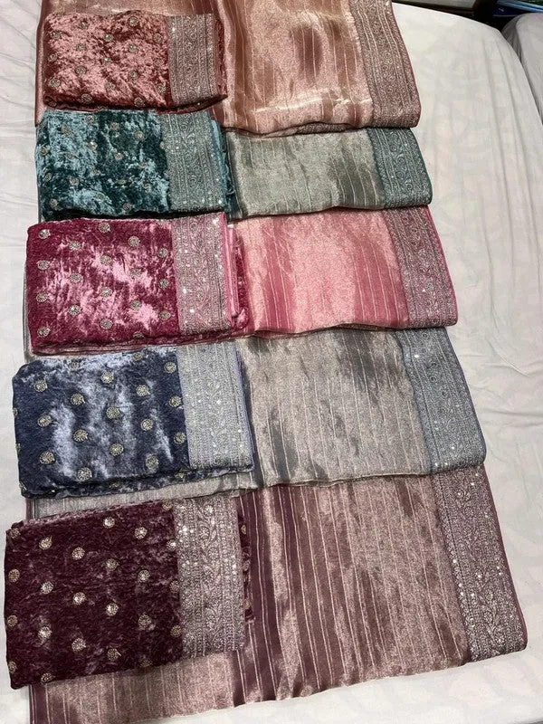 Pure Tissue Embroidery Saree with Velvet Blouse