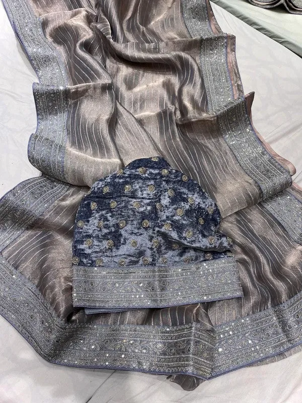 Pure Tissue Embroidery Saree with Velvet Blouse