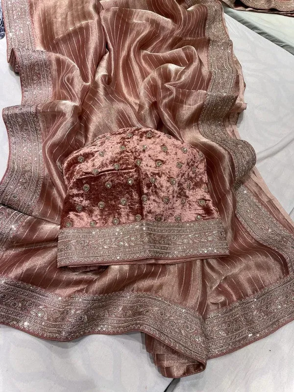 Pure Tissue Embroidery Saree with Velvet Blouse