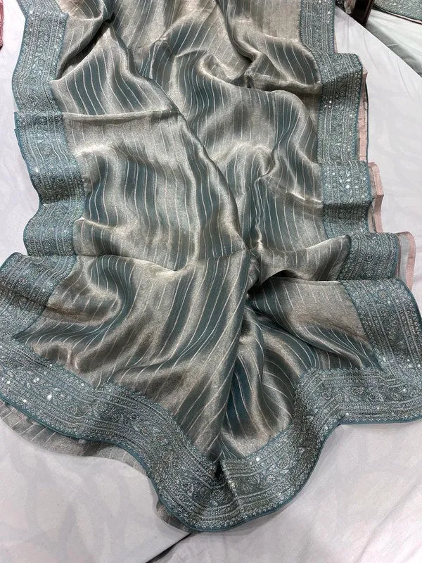Pure Tissue Embroidery Saree with Velvet Blouse