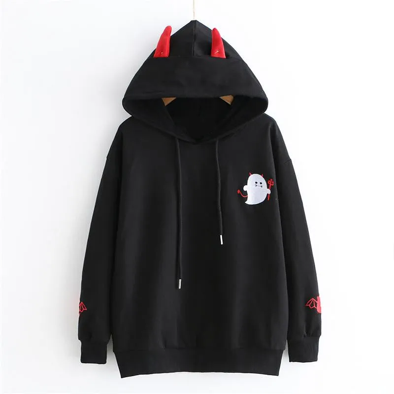 "CUTE EMBROIDERED LITTLE DEVIL" LONG SLEEVE HOODIE K102203