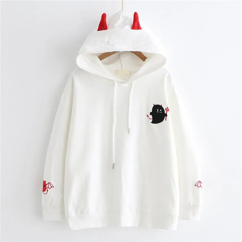 "CUTE EMBROIDERED LITTLE DEVIL" LONG SLEEVE HOODIE K102203