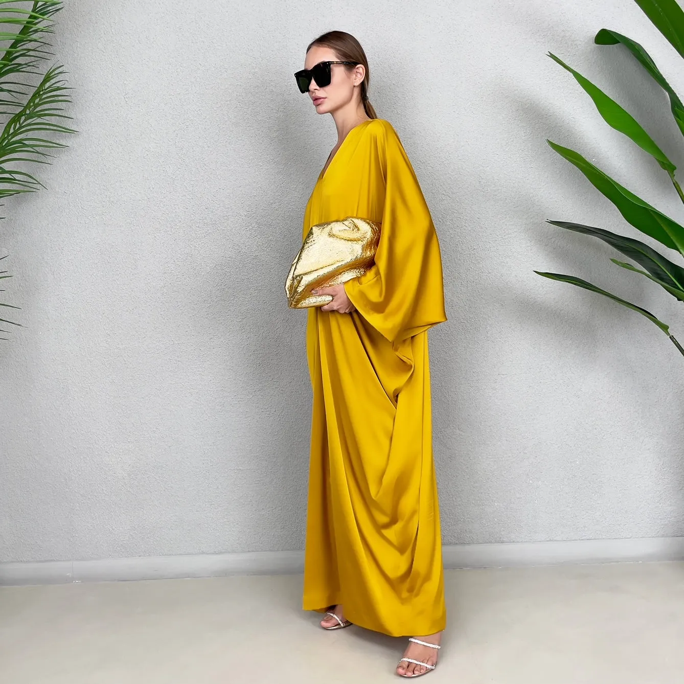 RAM23 JAMILA MUSTARD SILK SATIN KAFTAN