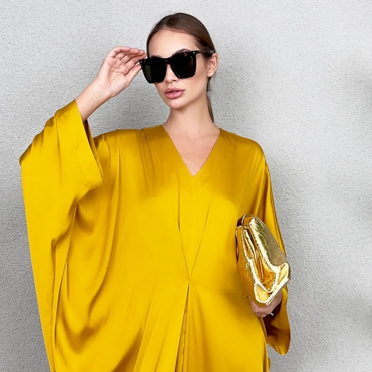 RAM23 JAMILA MUSTARD SILK SATIN KAFTAN