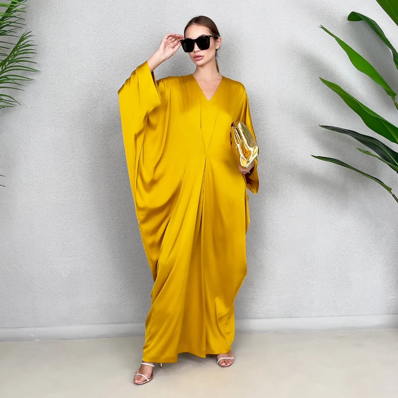 RAM23 JAMILA MUSTARD SILK SATIN KAFTAN
